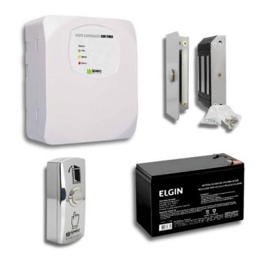 Imagem de Kit Controle de Acesso Fechadura Carregador Bateria Botoeira Cinza - I