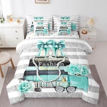 Imagem de Erosebridal Conjunto de edredom feminino Paris Fashion com lençóis, solteiro, azul-petróleo, prata, moderno, revista, listrado, branco, feminino, turquesa, flor rosa, salto alto, maquiagem, 7 peças
