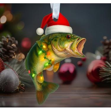 Imagem de Enfeite de acrílico de Natal de peixe robalo - Decoração de Natal com chapéu de Papai Noel - Tema festivo - Engraçado para pendurar na árvore de Natal - Presente para pescadores