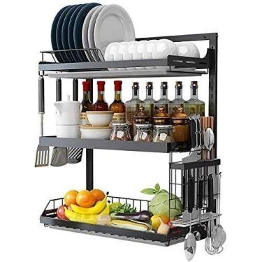 Imagem de YGCBL Prateleira de armazenamento, escorredor de pratos de aço inoxidável preto 201 de 3 camadas montado na parede com bandeja de drenagem, suporte de pauzinhos de faca, prateleiras de talheres