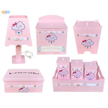 Imagem de Kit Higiene Bebê Menina Rosa com 8 Peças Tema Chuva de Amor em Madeira