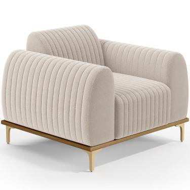 Imagem de Poltrona Decorativa Base De Madeira Castanho e Pés Metalizado D'Ouro Molino D02 Bouclê Creme B-54 - Lyam Decor