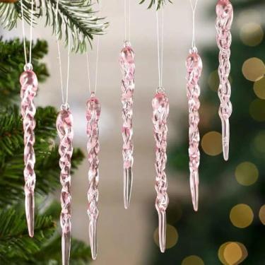 Imagem de Enfeites de Natal, decoração de gelo de cristal, enfeite de pendurar em acrílico torcido em espiral, enfeites de gelo rosa transparente para árvore de Natal, inverno, ano novo, suprimentos de festa