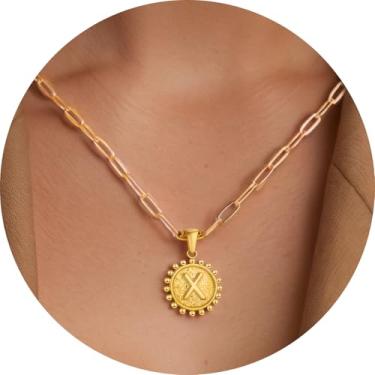 Imagem de Colar com pingente circular inicial A-Z, joia personalizada de aço inoxidável com bordas decorativas, adequado para mulheres, F, Aço inoxidável, Sem Pedra Preciosa