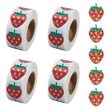 Imagem de SUPERFINDINGS 4 rolos de adesivos de morango vermelho autoadesivos de volta às aulas decalques à prova d'água de frutas para envelope diário primeiro dia de escola decoração de recompensa de