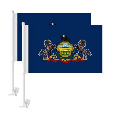 Imagem de Pacote com 2 bandeiras de carro da Pensilvânia 28 cm x 43 cm bandeira do estado PA inclui clipe de janela e mastro espesso, poliéster tricotado de 2 camadas de urdidura resistente a rasgos, impressão