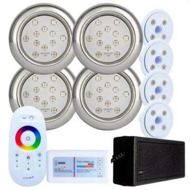 Imagem de Kit Iluminação Piscina Hidraled, 4 Refletores LED RGB Inox 18W, 4 Nichos para piscina de Vinil, Controle Remoto Touch, IP68