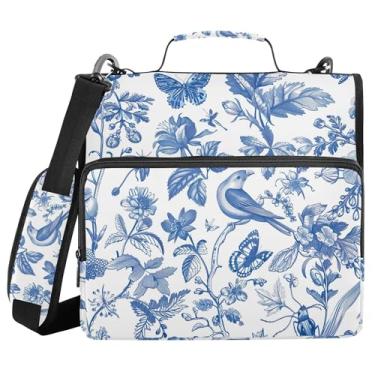 Imagem de SEHANY Fichário azul boêmio com zíper 3 anéis com alça de ombro, vários bolsos expansíveis pasta de arquivo organizador de bolsa