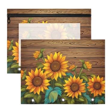 Imagem de ATTX Pacote com 2 bolsas de fichário girassóis em tábua de madeira – Bolsa impermeável com zíper de 3 anéis com janela transparente, acessórios de material de escritório para estojos de lápis e