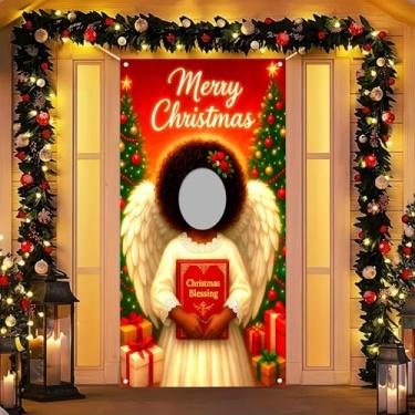 Imagem de HOMETITUTE Banner de porta com foto de anjo de Natal 89 x 180 cm, decoração de festa, artigos de fundo de feliz Natal, adereços de presente de anjo para fotografia interna e externa