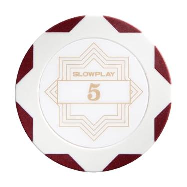 Imagem de SLOWPLAY Nash Clay Poker Chips White Gold Edition, composto de argila pesada de 14 gramas, fichas grandes de 40 mm a granel, pacote de 50 com denominação de 5