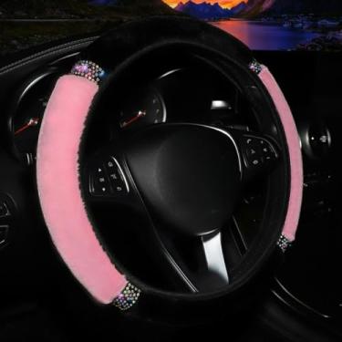 Imagem de Knonip Capa de Volante de 38 cm Colorida Brilhante Strass Capa de Pelúcia Universal Stretch Apto para Carros, Inverno Quente Moda Auto Decoração Protetor de Volante de Carro (Rosa)