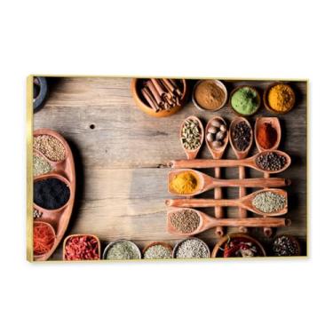 Imagem de NHLDZYH Moldura dourada. Tela decorativa cozinha, arte vintage especiarias coloridas, arte de parede quadros para sala de estar quarto cozinha. B39. 60x90cm