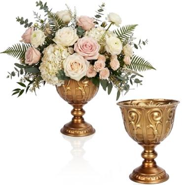 Imagem de Vasos de flores dourados envelhecidos para centros de mesa, tigela de flores vintage com pedestal de metal, vaso de ouro rústico para decoração de mesa de casamento, arranjos florais, decoração de