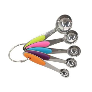 Imagem de Kit de Colheres Medidoras em Aço Inox, 5 Peças com Cabos Emborrachados Antiderrapantes, Cores Vibrantes, com Anel de Metal, para Ingredientes Secos e Líquidos - Lovely Vibe
