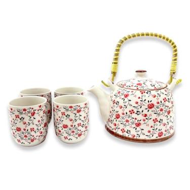 Imagem de Jogo de Chá com Bule de Porcelana 900ml com Infusor e 4 Copos 150ml | Kit Café Tokyo 30a(Flores Vermelhas e Preto)