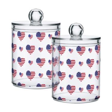 Imagem de Qilmy Pacote com 2 unidades de suporte Qtip com bandeira americana em formato de coração, frascos de boticário de 400 ml, vasilha organizadora para cotonetes, bolas de algodão, almofadas de maquiagem