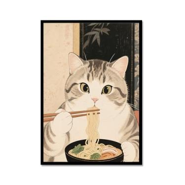 Imagem de Arte de parede em tela de gato preto engraçado vintage japonês gato comendo ramen imagem única amante de gatos para decoração de parede de cozinha e sala de jantar (SKU5,12 x 45,7 cm = (30 x 45 cm