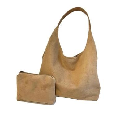 Imagem de Bolsa feminina de camurça com bolso, bolsa de ombro retrô de grande capacidade, bolsa Hobo para trabalho, viagens, compras, Cáqui, One Size