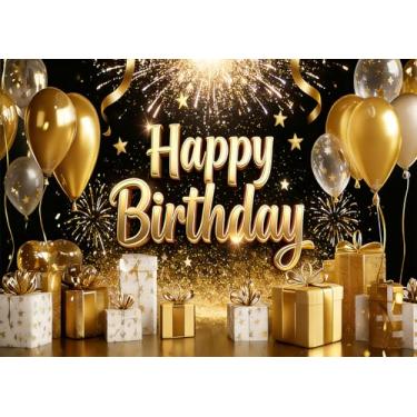Imagem de DePhoto Pano de fundo preto e dourado de 1,8 m x 1,8 m para fotografia de feliz aniversário balão com glitter e fogos de artifício para decoração de mesa de aniversário, decoração de parede