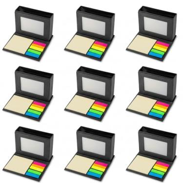 Imagem de Bloco de Notas Adesivas com Porta-Canetas e Porta-Retrato, Papelão Reciclado, Mini, Capa Dura, 5 Cores, 25 Folhas por Bloco, Retangular (10, Preto)