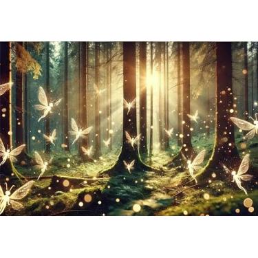 Imagem de CapiSco Cenário fotográfico de poliéster de cena de fada da floresta encantada - decoração de festa caprichosa com fadas brilhantes e filtragem de luz solar através de árvores, aniversários, feriados