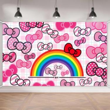 Imagem de Decoração de aniversário de fundo de gravata borboleta rosa, faixa de festa de aniversário de desenho animado Hello Cat para crianças e meninas, suprimentos temáticos de festa de gatinho (1,8 x 1,2 m)