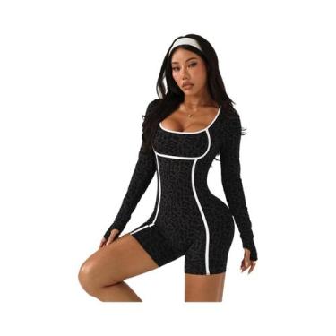 Imagem de Macacão De Yoga Feminino Slim Fit Com Estampa De Leopardo E Manga Long