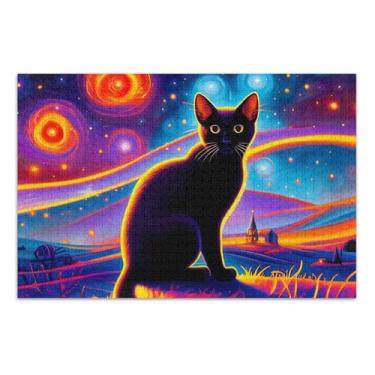 Imagem de Quebra-cabeça adulto noite mística gato preto céu estrelado 500 peças pintura de arte floral personalizado quebra-cabeça exclusivo para adultos família amantes presentes, 51 x 35 centímetros