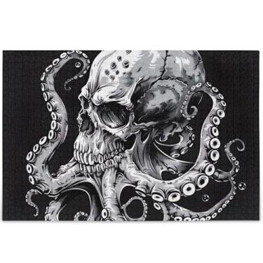 Imagem de Quebra-cabeça de caveira de polvo preto e branco 500 peças cenário adulto arte animal divertido presente jogo engraçado jogo engraçado, 52 cm x 37,8 cm