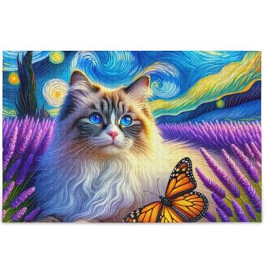 Imagem de Quebra-cabeça de gato fofo noite estrelada lavanda adultos 500 peças arte impressão animal divertido presente quebra-cabeça presentes personalizados para jogo de elefante branco, 52 cm x 37,8 cm