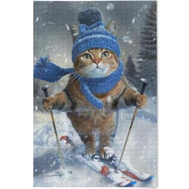Imagem de Quebra-cabeças engraçados de gato de esqui para adultos, 1000 peças, arte de pintura animal, quebra-cabeças legais para adultos, presentes tecnológicos personalizados para amantes, quebra-cabeça, 75 x