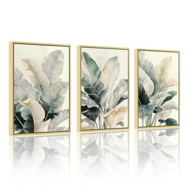 Imagem de ELSKER&HOME Arte de parede emoldurada, decoração de parede botânica verde 3 peças, impressões modernas em tela com folha e planta para sala de estar, cozinha, sala de jantar, quarto, banheiro, 30 x 40