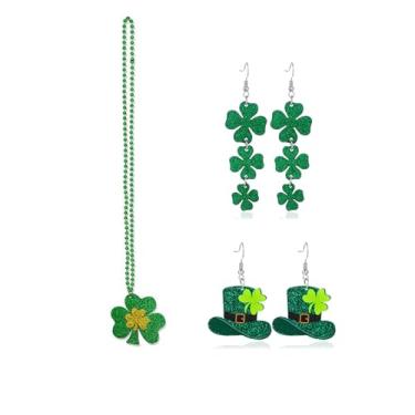 Imagem de QLUYCKW Conjunto de brincos de colar de dia de São Patrício para mulheres, moda, verde, trevo de três folhas, brincos com pingente de trevo boa sorte, dia de São Patrício, acessórios de férias, joias