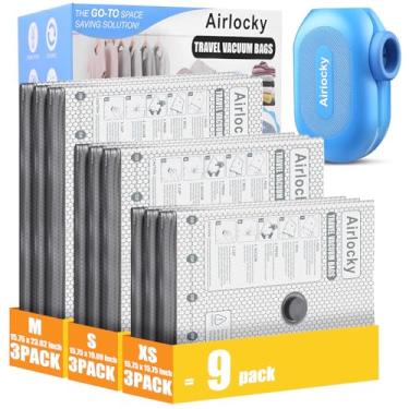 Imagem de Airlocky Sacos de armazenamento a vácuo de viagem com bomba, pacote com 9 sacos de compressão + bomba elétrica portátil, 80% de economia de espaço de roupas, sacos de vedação a vácuo para roupas e
