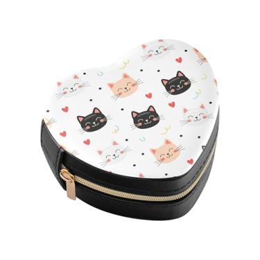 Imagem de Burbuja Caixa de joias em forma de coração com rosto de gato, mini estojo de viagem para mulheres e meninas, organizador portátil de armazenamento para brincos, anéis, colares e pulseiras