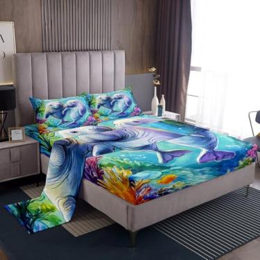 Imagem de Feelyou Jogo de lençol casal com desenho animado de peixe-boi, animais marinhos, crianças, meninos, meninas, criaturas marinhas com bolso alto, lençol com elástico alto, vida marinha