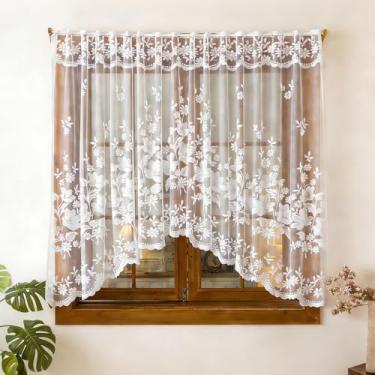 Imagem de Cortina para tratamento de janela, cortina curta bordada floral de renda branca para banheiro, cozinha, sala de estar, peitoril de janela e decoração de armário 118" x 63" (300 x 160 cm)