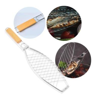 Imagem de Grelha Dupla para Churrasco 31x25cm com Cabo de Madeira - Genérica