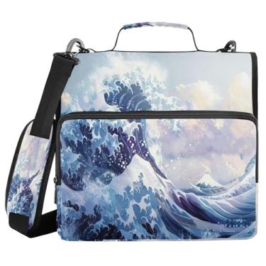 Imagem de SEHANY Fichário japonês Seawave com alça de ombro, capacidade para 500 folhas, vários bolsos, 3 cm, 3 anéis Trapper Keeper