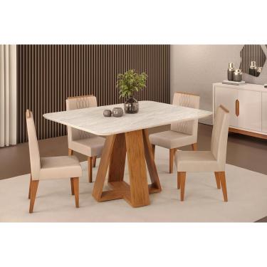 Imagem de Conjunto: Mesa Sala Jantar Celeste c/ Tampo Madeirado c/ Vidro Curvo 120x90cm e 4 Cadeiras Lia Freijo/Off White - Suede Kraft - DJ Móveis