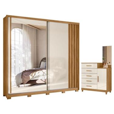 Imagem de Guarda Roupa Casal e Cômoda Dhara Lisboa 3 Portas de Correr 8 Gavetas MDP com Espelho F...