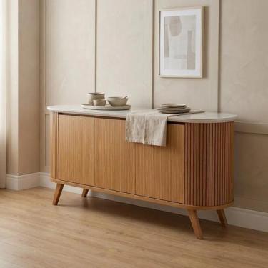 Imagem de Buffet Aparador 3 Portas Ripado com Vidro e Pés Madeira Maciça 164cm L