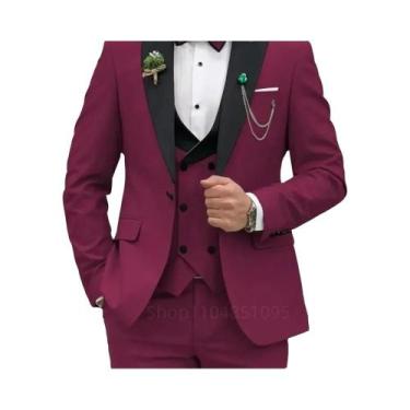 Imagem de Terno Slim Fit Rosa Vermelho 3 Peças Masculino: Blazer Transpassado, C