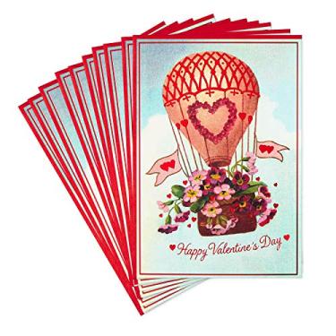 Imagem de Hallmark Pacote de cartões de dia dos namorados, balão de ar quente vintage (10 cartões de dia dos namorados com envelopes)