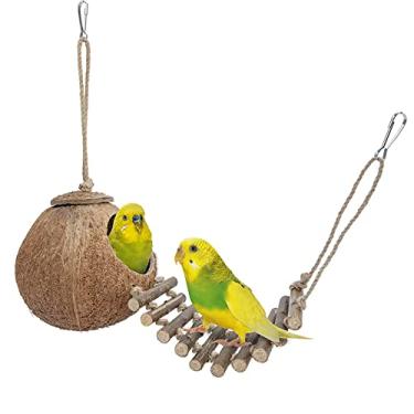 Imagem de Niteangel Refúgio natural de coco com escada, pássaro e brinquedo de pequenos animais (casa com escada, superfície natural)