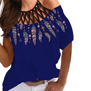 Imagem de Kasituny Camiseta feminina top de penas vazadas verão solto estampada streetwear, Azul escuro, 3X-Large, Macia
