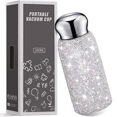 Imagem de Garrafa de água de diamante, copo de strass, copo brilhante, garrafa térmica de aço inoxidável, recarregável, copo isolado cravejado, garrafas de água com glitter prateado para mulheres para café, bebidas quentes e frias, 260 ml
