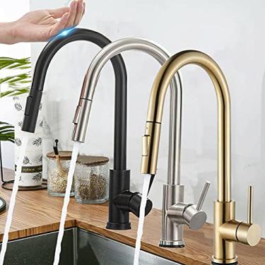 Imagem de BuyB Torneiras de cozinha de aço inoxidável para retirar, torneira para pia de cozinha, misturador inteligente de indução, sensor de toque, torneira para pia de controle de toque 2021