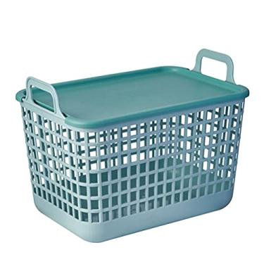 Imagem de jojofuny Cestas de armazenamento de plástico com cesto organizador de tampa com alças para cesta de plástico para casa, cozinha, lavanderia, brinquedo, artigos de roupa